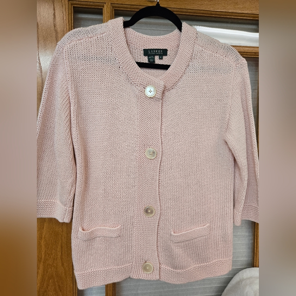 Ralph Lauren Pink Cardigan Sweater with 3/4 Sleeves